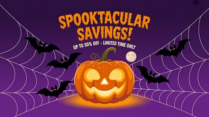 Halloween sale banner promotional graphic with flying bat, spider web, carved pumpkin, and festive text, ideal for seasonal marketing designs created with generative ai