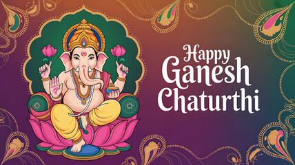 Happy Ganesh Chaturthi greeting card featuring stylized Lord Ganesha with ornate crown festive text on vibrant background created with generative ai