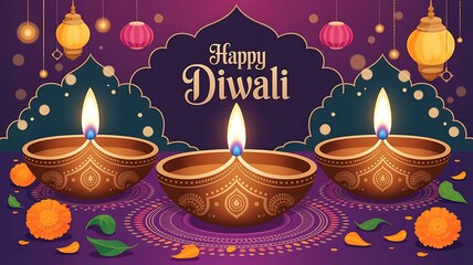 illustration of decorative burning oil diya on Happy Diwali Holiday background for light festival of India created with generative ai