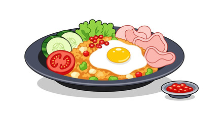 Delicious Indonesian Nasi Goreng dish, a savory fried rice served with a fried egg and prawn crackers, garnished with fresh vegetables and served with chili paste