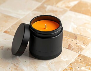 Orange candle, matte black jar, marble tile