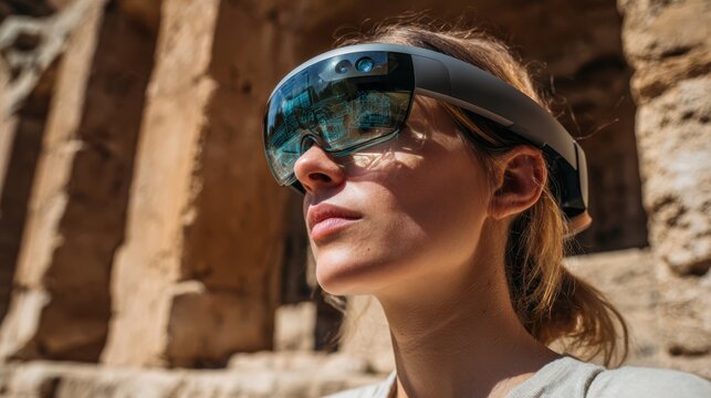 Visionary Explorer in Augmented Reality: A woman gazes into the distance, wearing an augmented reality headset against the backdrop of ancient architecture. She is an explorer using new technology.