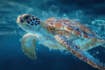 Fototapeta premium Sea Turtle's Underwater Journey: A majestic sea turtle gracefully glides through the clear, cool, blue water. Capture the peace and wonder of the ocean.
