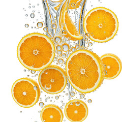Sliced oranges with water splash and bubbles, fruit refreshment concept