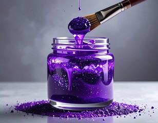 Purple glitter paint drips from brush into jar