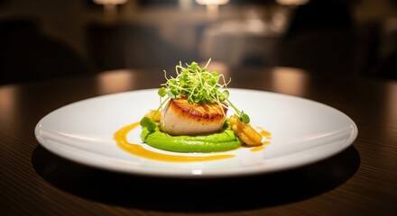 Seared Scallop with Green Pea Puree and Microgreens on White Plate