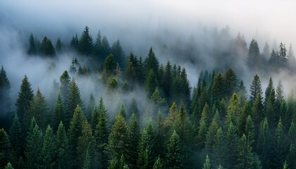 Fog Above Pine Forests Detail Of Dense Pine Forest In Morning Mist