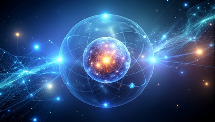 Fototapeta premium Widok atomów pierwiastków w modelu trójwymiarowym z widocznym jądrem atomu oraz elementami otaczającymi atom