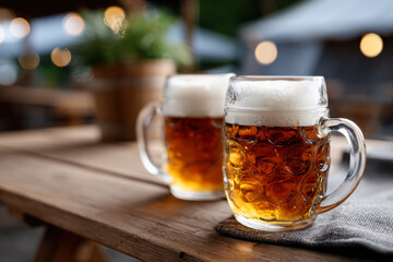 Classic German Beer Mug with Thick White Foam Head on Wooden Surface Burlap Napkin