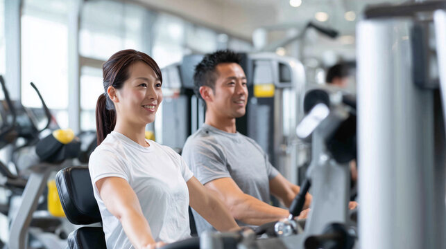 ジムでトレーニングする男女のフィットネス - Powered by Adobe