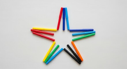 Colorful markers forming a five-pointed star on a plain white surface
