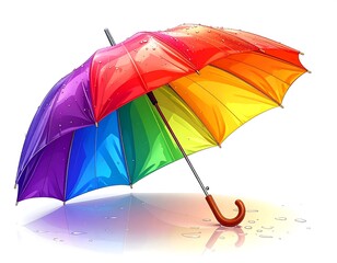 Rainbow Umbrella with Water Droplets on White Background