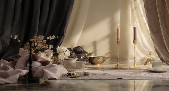 Elegant Still Life with Candles and Tea Set