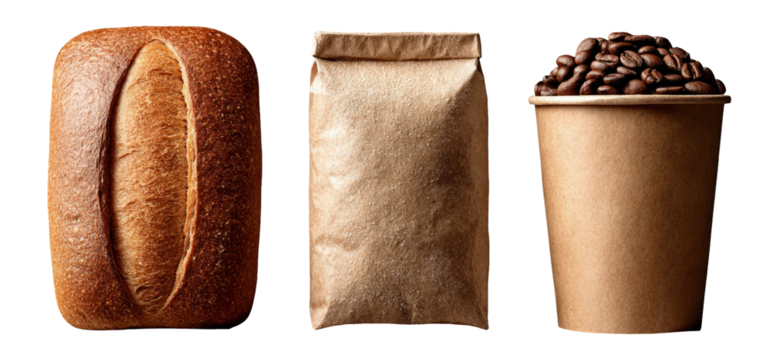 Fresh Bread Loaf, Coffee Beans, and Brown Paper Packaging on Transparent Background
