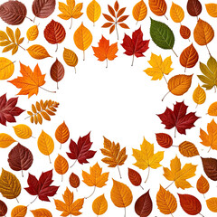 Fototapeta premium Assorted colorful leaves border a dark space. Autumnal design with diverse leaf types