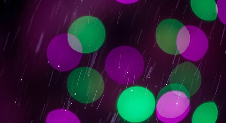 Abstract bokeh background with large green and purple lights and streaking white lines, dynamic and colorful.
