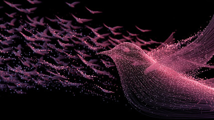 A flock of birds made of glowing lines and particles, a metaphor for DAO governance and collective decision-making.