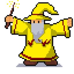 Fototapeta premium pixel art illustration of yellow wizard mage sorcerrer with white beard on white background