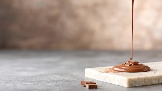 Chocolate sauce pouring on marble slab still life food photography