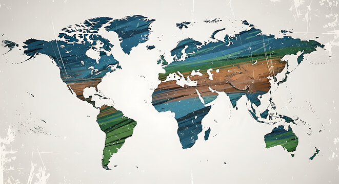 Grunge world map illustration on textured background showing continents and countries