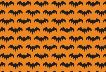 Seamless Halloween bat pattern with black silhouettes on orange background, spooky festive design for holiday decoration and crafts.