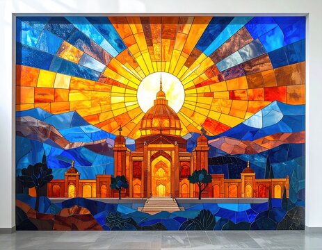Stained glass mosaic, palace, sunburst, vibrant colors