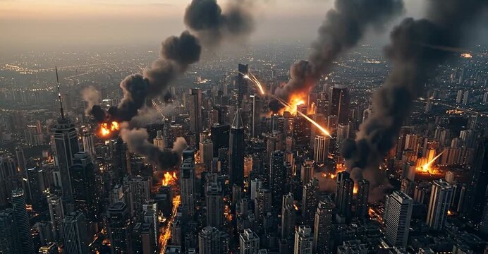 City under attack Fire and Explosions. Aerial view of missile strikes