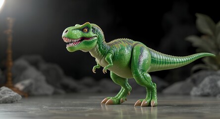 Fototapeta premium Green Tyrannosaurus Rex Toy on a Dark Backdrop