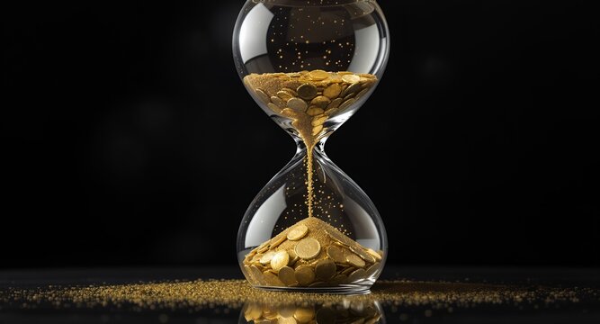 Hourglass filled with coins, time and money concept