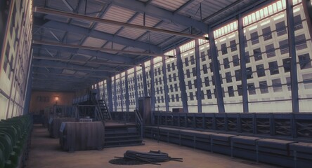 Naklejka premium Industrial interior with large windows and industrial architecture