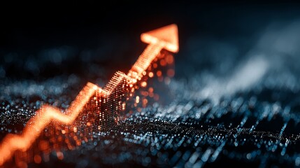 Red arrow pointing upwards moving left to right on upward trend bar graph with digital blue waves on dark background, symbolizing business growth, positive market trends and success in futuristic simp