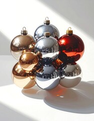 Shiny Ornament Spheres in a Group on White Surface with Reflections