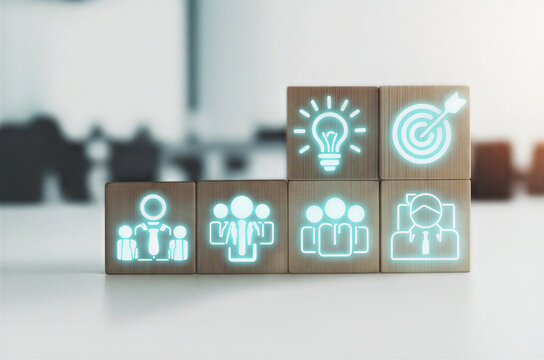 Glowing Business Icons on Light Wood Blocks with Modern Office Background