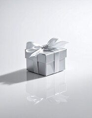Silver Gift Box with Bow and Ribbon on Reflective Surface