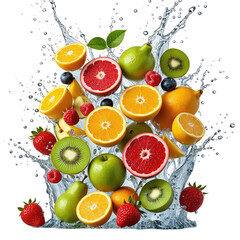 Fresh fruit bursting through water, colorful, healthy, vibrant