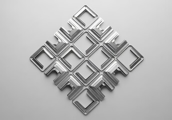 Metallic square shape pattern, arranged diagonally on a plain surface