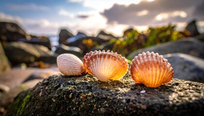 Seashells on a rock by the ocean