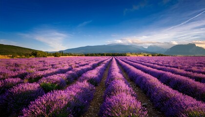 Fototapeta premium A Vibrant Lavender Field Stretches Under A Clear Sky With Rows Of Blooming Flowers And Distant Mountains Creating A Serene Landscape