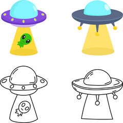 Fototapeta premium Cartoon UFO spaceship set with colorful and outline style