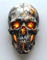 Skull with Glowing Eyes and Cracks on White Background