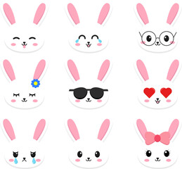Set of cute bunny faces with different expressions