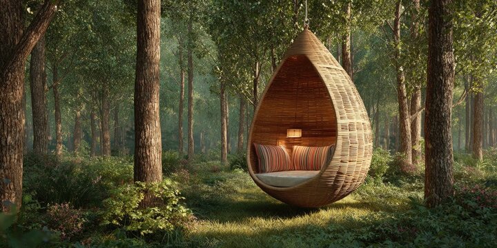 A serene, woven hanging chair, nestled amidst a sun-drenched forest, exudes tranquility and peace.