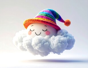 Sleeping Cloud with Colorful Hat Smiling Against White Backdrop