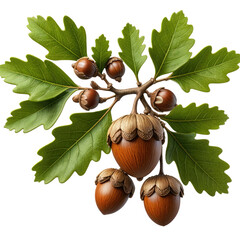 Acorn branch with green leaves, showcasing detailed nuts