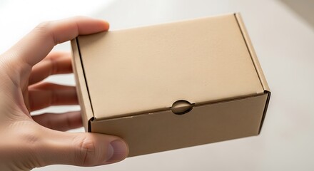 Hand holding small cardboard box, minimalist packaging for delivery services