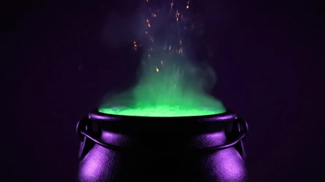 A cauldron filled with green bubbling liquid and smoke against a dark purple background scene