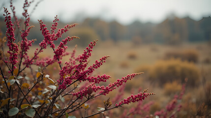 Red briers on bushe, floating in wind. Autumn rural rustic background with wild rose.