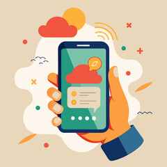 A side-view of a person's hand holding a smartphone. A friendly, abstract chat bubble emerges from the screen with simple AI responses like "Recipe found!" or "Weather forecast sunny." The style is wa