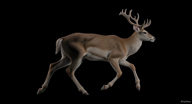 Realistic depiction of a majestic deer in motion against a black background