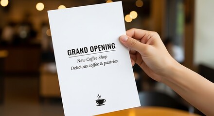 Invitation for grand opening event of a new coffee shop, background bokeh